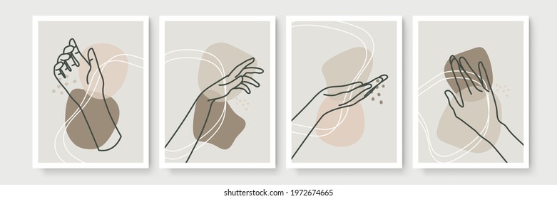 Hand gesture boho style wall art decor. Creative minimalist hand draw abstract art. Modern illustrations. Bohemian style collection