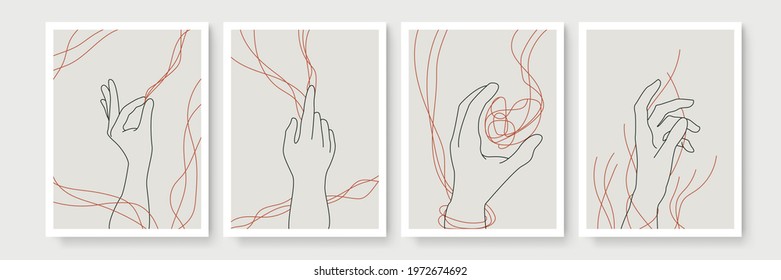 Hand gesture boho style wall art decor. Creative minimalist hand draw abstract art. Modern illustrations. Bohemian style collection
