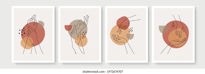 Hand gesture boho style wall art decor. Creative minimalist hand draw abstract art. Modern illustrations. Bohemian style collection