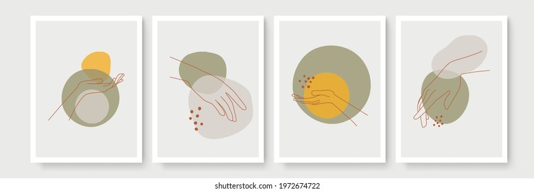 Hand gesture boho style wall art decor. Creative minimalist hand draw abstract art. Modern illustrations. Bohemian style collection