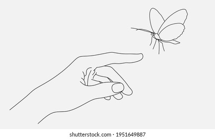 Hand gesture and butterfly minimal line art style. Cute vector illustration, hope, love, missing, longing, care, need, romance
