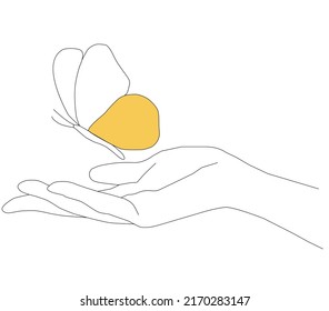 Hand gesture and butterfly minimal line art style.  vector illustration,  love, romance