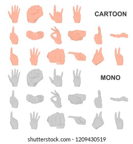 Hand gesture cartoon icons in set collection for design. Palm and finger vector symbol stock web illustration. Hand gesture cartoon icons in set collection for design. Palm and finger vector symbol stock web illustration.
