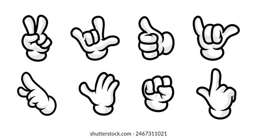 Hand gesture cartoon style set. Palm white glove gestures.