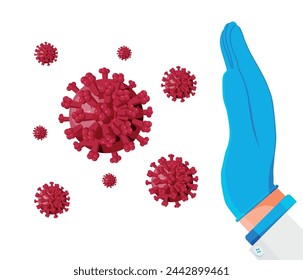 Hand gesture caution coronavirus. Stop corona virus. Virus 2019 nCoV, pathogenic microorganism. Red virus bacteria cell, covid 19 influenza disease. Flat vector illustration