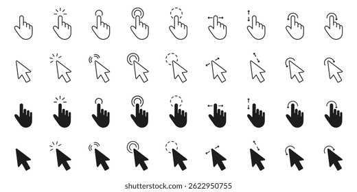Hacer clic De Gestos De Mano E Iconos De Cursor Línea Y Conjunto De Iconos Sólidos. Puntero Y Toca Colección De Símbolo. Ilustración vectorial aislada.