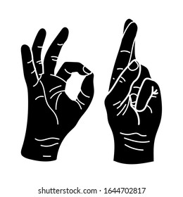 Hand gesture collection illustration, drawing, engraving, ink, line art, vector
