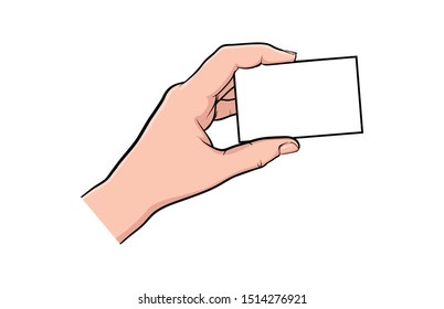 Hand gesture comic book pop art isolated. Hand hold and show business card. Sketch cartoon retro show card arm. Commercial empty business card gesture vector illustration.