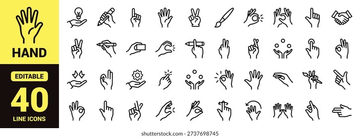 Hand gesture and communication icon set with expressive finger signs, peace and OK gestures, handshake, writing hand, idea, pointing actions, and essential hand gesture ranking elements in line‑art style