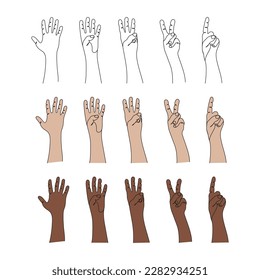 Hand gesture. Count to five on fingers. Line art. One, two, three, four, five. Pose and gesturing. Hand drawn vector illustration.