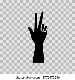 Hand gesture count two, peace, two fingers up. Vector illustration, black silhouette, flat design, isolated on transparent background, icon, eps 10.