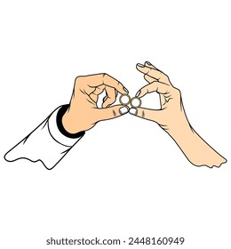 hand gesture of the couple putting two rings together vector illustration