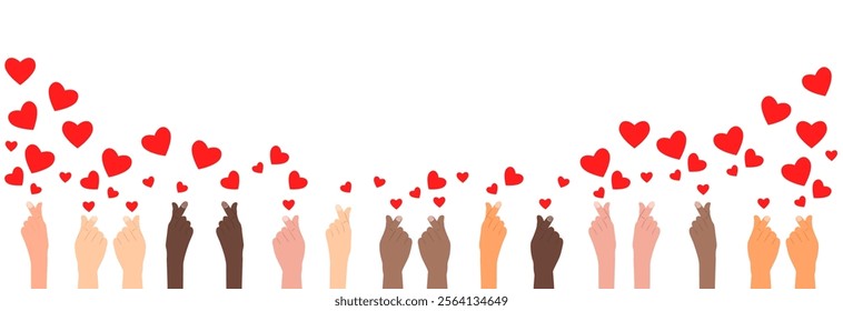 Hand gesture creates a heart of love. Concept of love and multinationality. Different peoples together in a heart.