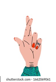 Hand gesture crossed fingers. Woman's hand with a tattoo showing crossed fingers. Cartoon style. Flat design illustration isolated on white.