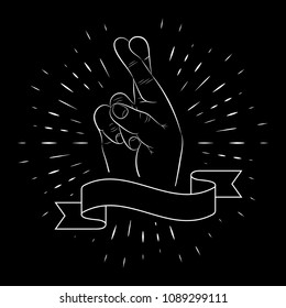 Hand gesture, crossed two fingers, for luck, outline, against the background of linear rays. For posters, banners and logos. Black background. 10 eps