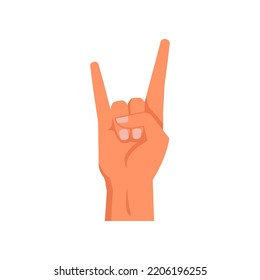 Hand gesture demonstration, isolated sign of horns. Nonverbal language communication, symbol of music rock n roll and musical fans. Vector in flat style