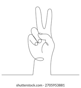 A hand gesture drawn in one line, a minimalist human hand gesture with two fingers raised upwards. Editable line.