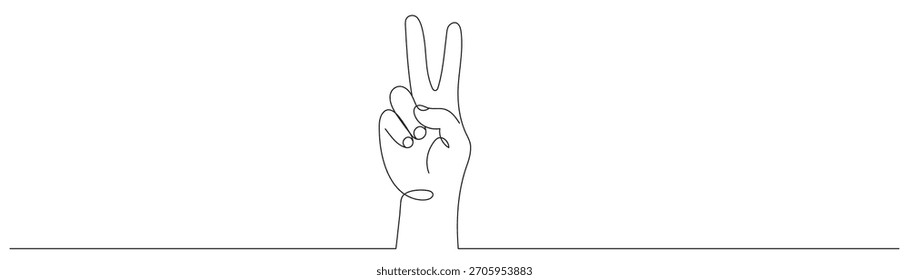 Um gesto de mão desenhado em uma linha, um gesto de mão humana minimalista com dois dedos levantados para cima. Linha editável.