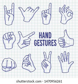 Hand gesture hand drawn vector doodle illustration in blue ballpoint sketch style.