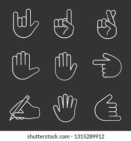 Hand gesture emojis chalk icons set. Love you, rock on, backhand index pointing left and up, luck, high five, counting five, shaka gesturing, writing hand. Isolated vector chalkboard illustrations