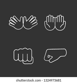 Hand gesture emojis chalk icons set. Jazz, hug, begging gesturing, punching fists. Cupped and opened palms. Isolated vector chalkboard illustrations