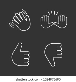 Hand gesture emojis chalk icons set. Hello, goodbye, stop, good job, disapproval gesturing. Waving and raising hands, thumbs up and down. Isolated vector chalkboard illustrations