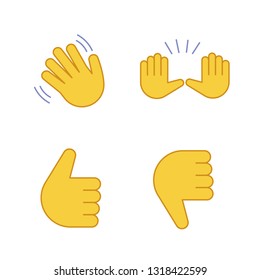 Hand gesture emojis color icons set. Hello, goodbye, stop, good job, disapproval gesturing. Waving and raising hands, thumbs up and down. Isolated vector illustrations