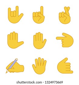 Hand gesture emojis color icons set. Love you, rock on, backhand index pointing left and up, luck, lie, high five, counting five, shaka gesturing, writing hand. Isolated vector illustrations