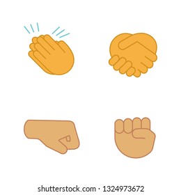 Hand gesture emojis color icons set. Applause, congratulation, handshake gesturing. Right and raised fists. Isolated vector illustrations