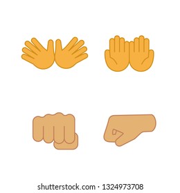Hand gesture emojis color icons set. Jazz, hug, begging gesturing, punching fists. Cupped and opened palms. Isolated vector illustrations