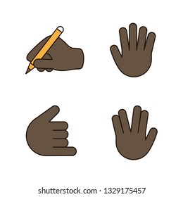Hand gesture emojis color icons set. Writing hand, vulcan salute, high five, shaka, call me gesturing. Isolated vector illustrations