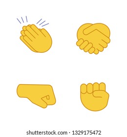 Hand gesture emojis color icons set. Applause, congratulation, handshake gesturing. Right and raised fists. Isolated vector illustrations