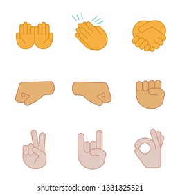 Hand gesture emojis color icons set. Begging, applause, handshake, left and right fists, peace, rock on, OK gesturing. Shaking, cupped, clapping hands. Isolated vector illustrations