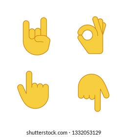 Hand gesture emojis color icons set. Rock on, heavy metal, OK, approval gesturing. Backhand index pointing up and down. Turn back finger pointer. Isolated vector illustrations