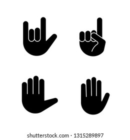 Hand gesture emojis glyph icons set. Love you, heavy metal, heaven, high five, stop gesturing. Devil fingers, index pointing up, raised hand. Silhouette symbols. Vector isolated illustration