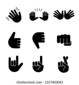 Hand gesture emojis glyph icons set. Waving, stop, jazz, thumbs up and down, fist, love you, luck, lie gesturing. Open hands, crossed fingers. Silhouette symbols. Vector isolated illustration