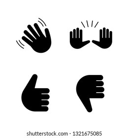 Hand gesture emojis glyph icons set. Hello, goodbye, stop, good job, disapproval gesturing. Waving and raising hands, thumbs up and down. Silhouette symbols. Vector isolated illustration