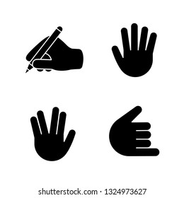 Hand gesture emojis glyph icons set. Writing hand, vulcan salute, high five, shaka, call me gesturing. Silhouette symbols. Vector isolated illustration