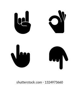 Hand gesture emojis glyph icons set. Rock on, heavy metal, OK, approval gesturing. Backhand index pointing up and down. Turn back finger pointer. Silhouette symbols. Vector isolated illustration