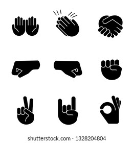 Hand gesture emojis glyph icons set. Begging, applause, handshake, left and right fists, peace, rock on, OK gesturing. Shaking, cupped, clapping hands. Silhouette symbols. Vector isolated illustration