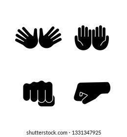 Hand gesture emojis glyph icons set. Jazz, hug, begging gesturing, punching fists. Cupped and opened palms. Silhouette symbols. Vector isolated illustration