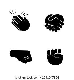 Hand gesture emojis glyph icons set. Applause, congratulation, handshake gesturing. Right and raised fists. Silhouette symbols. Vector isolated illustration