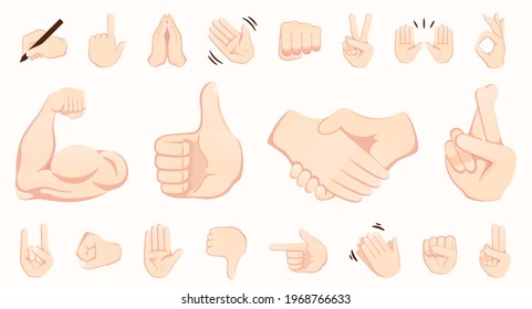 Colección de iconos de emojis de gestos manuales. apretón de manos, bíceps, aplausos, pulgar, paz, roce, ok, manos de carpeta haciendo gestos. Conjunto de diferentes manos emoticonas aisladas ilustraciones vectoriales.
