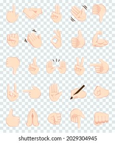 Hand gesture emojis icons collection. Handshake, biceps, applause, thumb, peace, rock on, ok, folder hands gesturing. Set of different emoticon hands isolated on transparent background  vector.