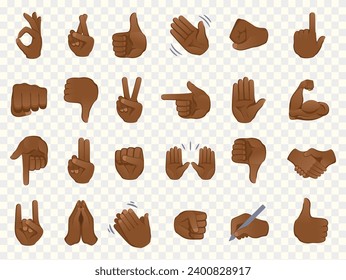 Hand gesture emojis icons collection set. African American dark skin tone symbols isolated on transparent background vector illustration.
