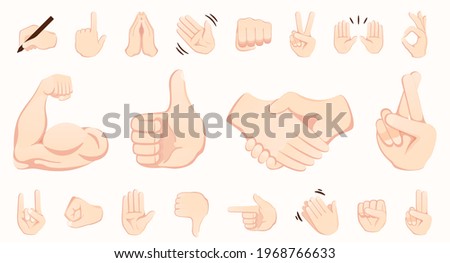 Hand gesture emojis icons collection. Handshake, biceps, applause, thumb, peace, rock on, ok, folder hands gesturing. Set of different emoticon hands isolated vector illustration.
