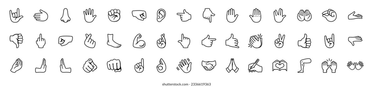 Juego de iconos de línea de emojis de gesto manual. Apuntando dedos, puños, palmas. Medios sociales, emoticones de redes. Vale, hola, rock, como gestos. Símbolos de mano. Vector aislado 10 eps.