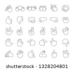 Hand gesture emojis linear icons set. Thin line contour symbols. Pointing fingers, fists, palms. Social media, network emoticons. Hand symbols. Isolated vector outline illustrations. Editable stroke
