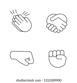 Hand gesture emojis linear icons set. Thin line contour symbols. Applause, congratulation, handshake gesturing. Right and raised fists. Isolated vector outline illustrations. Editable stroke