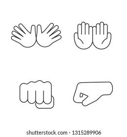 Hand gesture emojis linear icons set. Thin line contour symbols. Jazz, hug, begging gesturing, punching fists. Cupped and opened palms. Isolated vector outline illustrations. Editable stroke